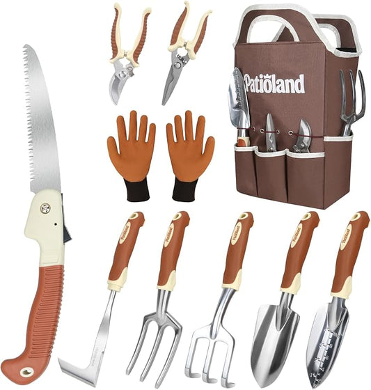10-Piece Brown Garden Tool Set, Patioland Aluminum Gardening Hand Tools Kit W/Ergonomic Non-Slip Handles,Organizer Tote Bag, Apron, Gloves,Complete Starter Garden Supplies Gardener Gift for Women Men