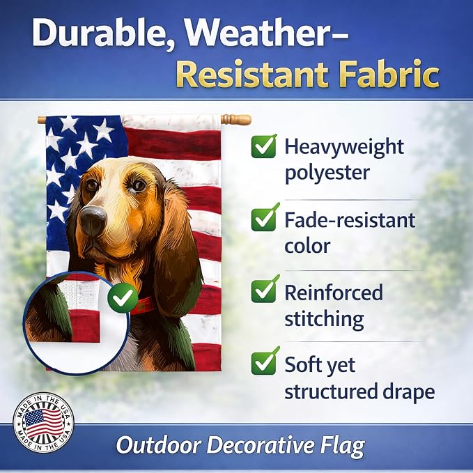 Caroline's Treasures CK6464CHF Bruno Jura Hound Dog American Flag House Flag Large Porch Sleeve Pole Decorative Outside Yard Banner Artwork Wall Hanging, Polyester, House Size, Multicolor