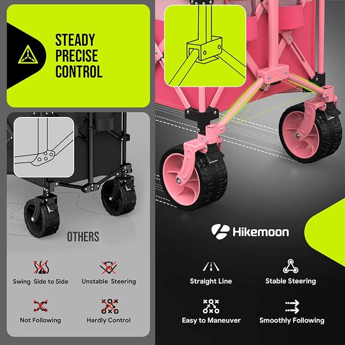 Hikemoon 300L Extra Large Wagons Carts Foldable, 560LBS Heavy Duty Collapsible Beach Wagon 48" Long with Big All-Terrain Wheels, Utility Folding Cart for Camping, Sports, Garden, Pink