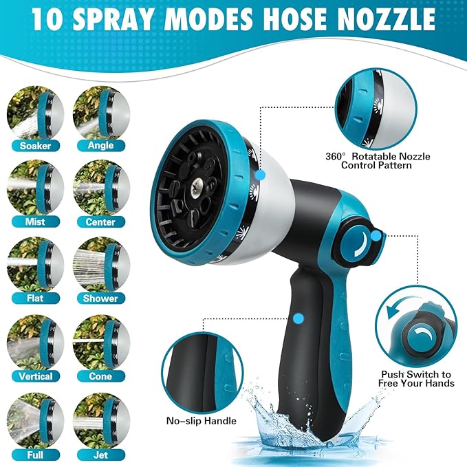 75FT Garden Hose, Non-Expandable Flexible Fabric Water Hose with 10-Function Spray Nozzle, Kink-Free & Lightweight Yard Hose with 3/4" Solid Brass Connectors for Lawn, Outdoor, RV & Marine Use