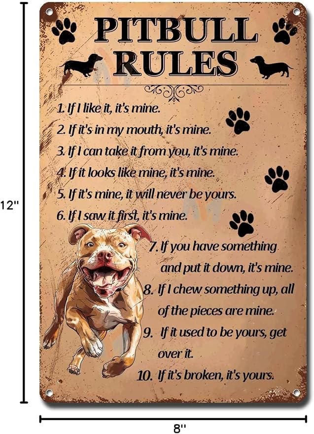 Metal Sign Tin Sign Vintage Wall Art Pitbull Rules Garage Sign for Club 8×12 Inches