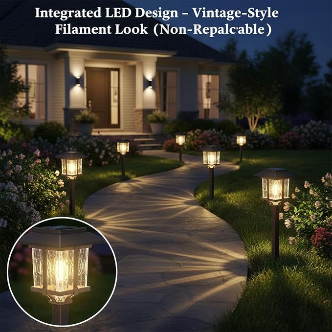 XMCOSY+ Solar Pathway Lights Outdoor, Glass Garden Lights with Warm Edison Glow, Waterproof Stainless Steel Landscape Lighting for Walkway Yard Patio Driveway Decor (4 Pack, Warm White)