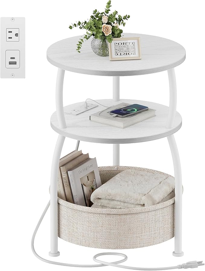 Round Side Table with Charging Station, USB Type C Port, White | Small Table with Storage Basket,Tall Side Table for Sofa,Small Spaces, Nightstand for Living Room Bedroom, 15.75in