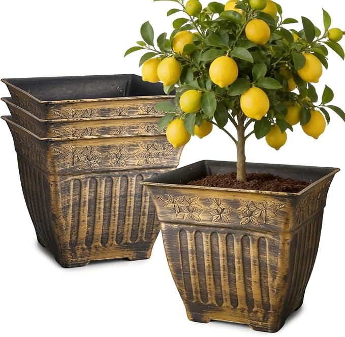 14 Inch Vintage Square Planter - 4 Pack Heavy Duty Antique Gold Plastic Flower Pot with Drainage & Raised Base, Retro 7 Gal Plant Container for Outdoor Patio, Porch, Indoor (13" Tall)