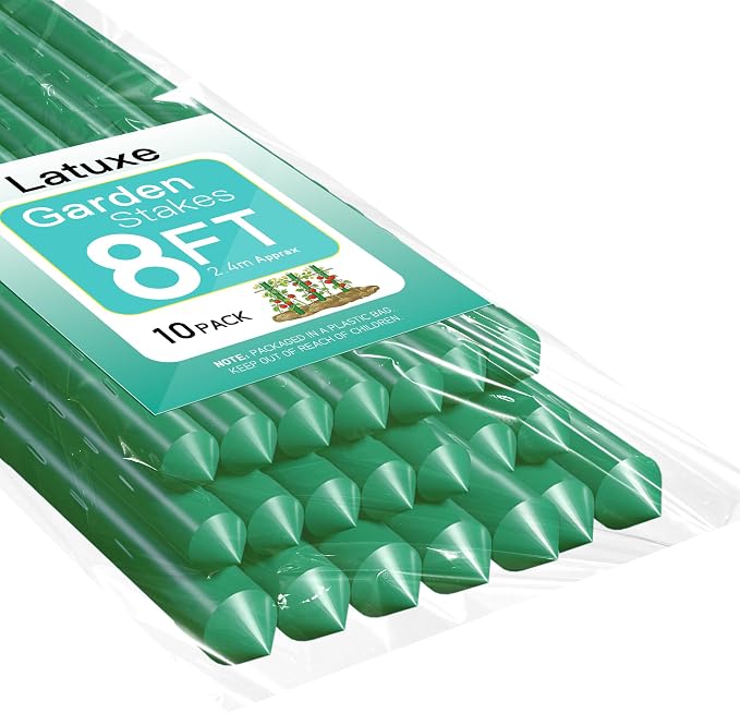 Garden Stakes 8FT 10pcs, Plastic Coated Steel Stakes Specifically Designed for Climbing Plants, Ideal for Tomatoes, Beans, Cucumbers, Peppers, Vines, and More Plant Growth