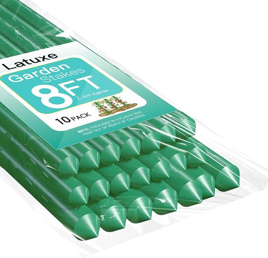 Garden Stakes 8FT 10pcs, Plastic Coated Steel Stakes Specifically Designed for Climbing Plants, Ideal for Tomatoes, Beans, Cucumbers, Peppers, Vines, and More Plant Growth