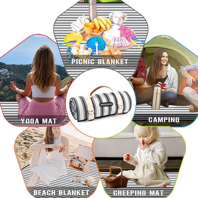 G GOOD GAIN Waterproof Picnic Blanket Portable with Carry Strap for Beach Mat or Family Outdoor Camping Party (Berry Blue)