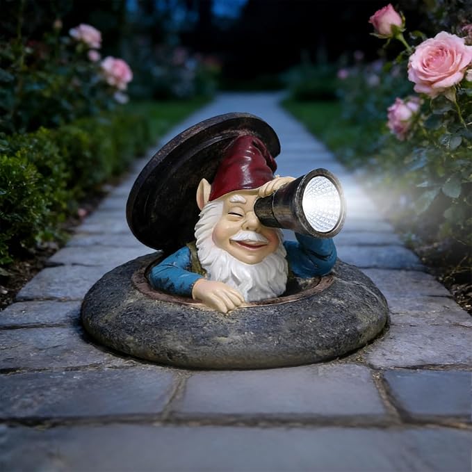 Solar Garden Gnome Outdoor Decor, Funny Gnome Statue Peeking from Manhole Cover, Waterproof Resin Figurine Lights for Yard Lawn Patio, Gift for Women & Garden Lovers