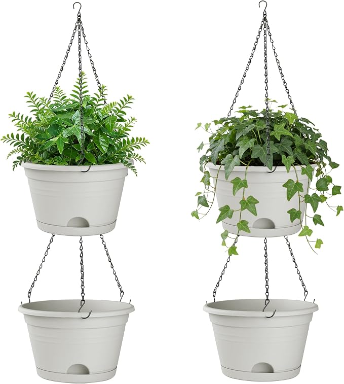 Nooulap 4 Pack Hanging Planters, 10 Inch Hanging Plant Pot with Hanger Chain & Drainage Trays, Hanging Baskets for Plants Outdoor Indoor, Flowers Pots for Home, Garden, Porch Decor (Grey)