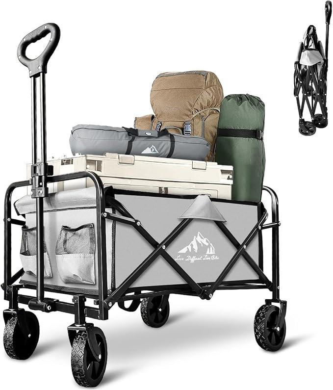 Collapsible Wagon with Quiet Wheels - Silent Grocery Shopping Cart for Seniors, Foldable Utility Cart for Laundry & Apartment, Washable Heavy Duty Rolling Wagon with Two Mesh Pockets, Gray