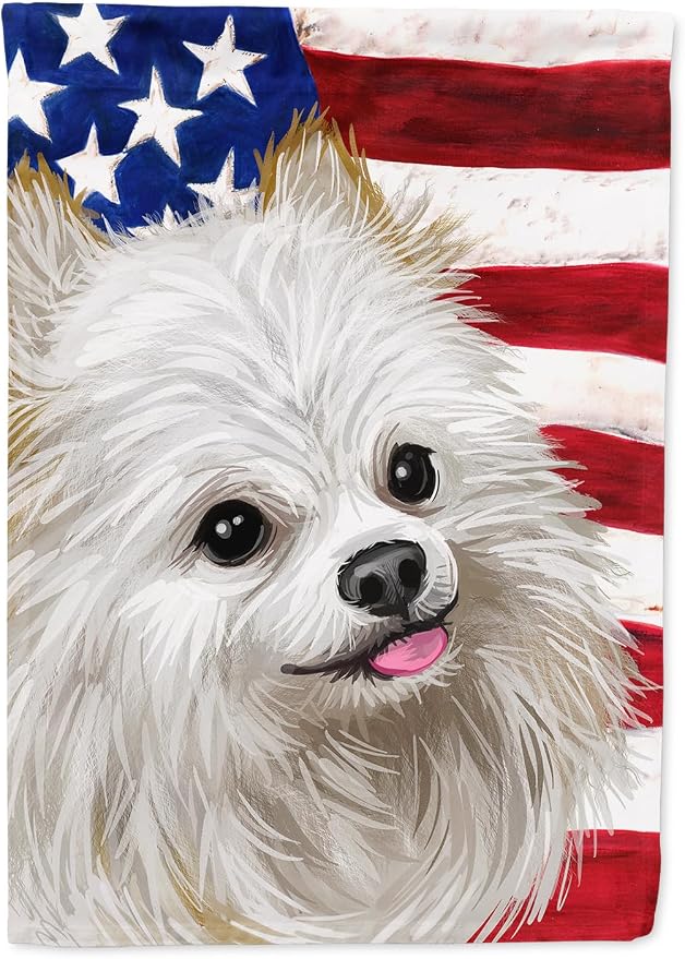 Caroline's Treasures CK6581CHF Japanese Spitz American Flag House Flag Large Porch Sleeve Pole Decorative Outside Yard Banner Artwork Wall Hanging, Polyester, House Size, Multicolor