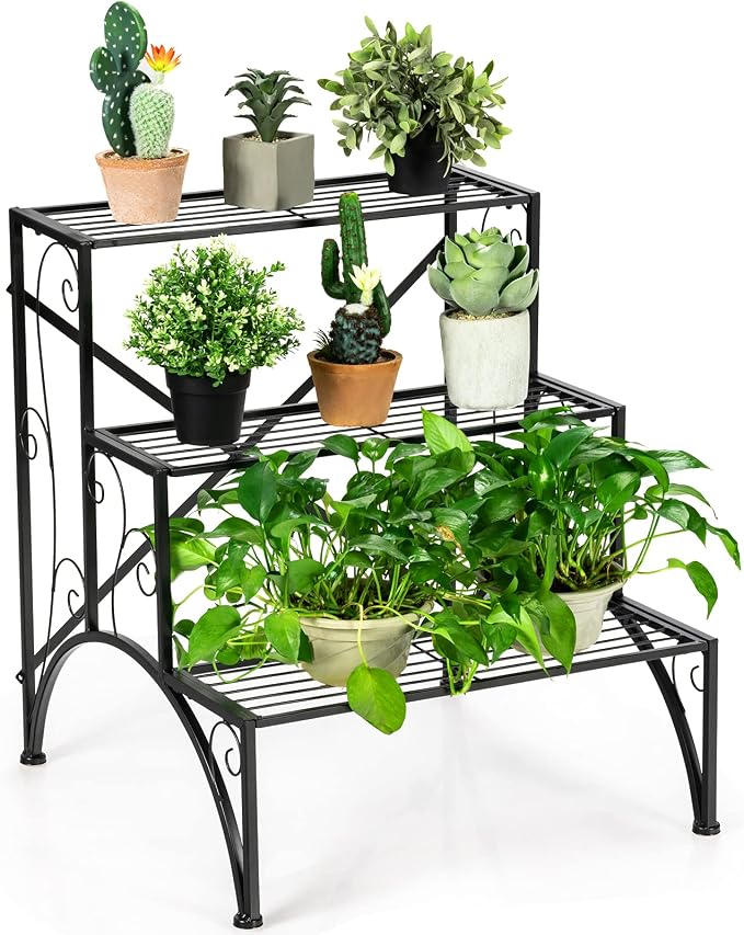 Giantex 3 Tiers Metal Plant Stand, Ladder Flower Pots Outdoor w/ 132 lbs Capacity, Heavy Duty Garden Display Shelf Flower Pot Holder Utility Storage Organizer Rack for Indoor Home Garden Patio Balcony