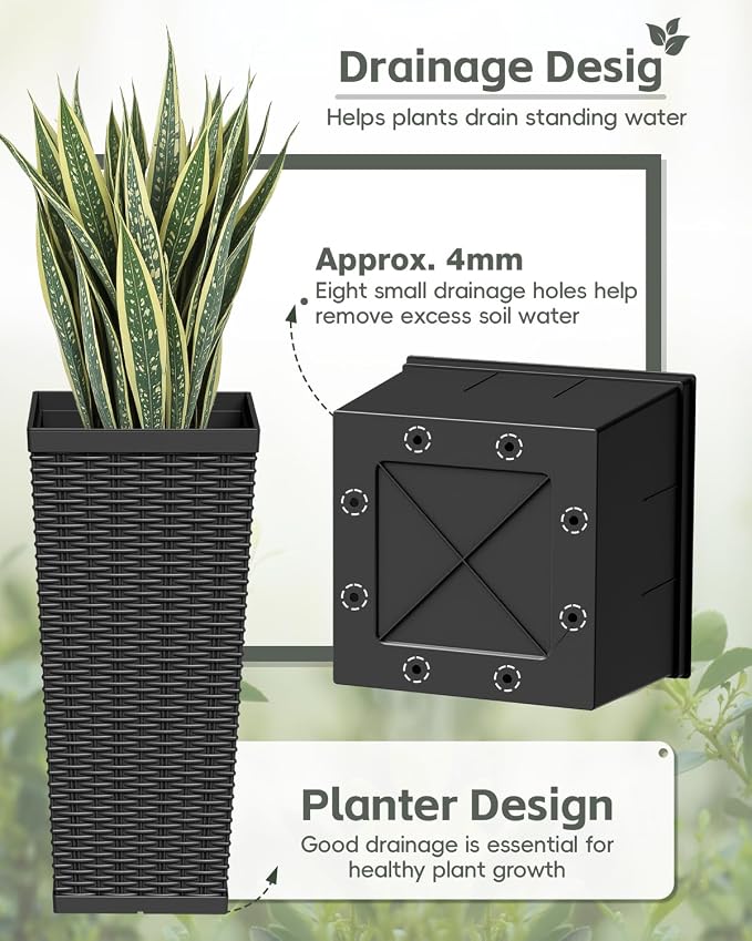 Greesum 23 Inch Tall Plastic Planters (Set of 2), Large Outdoor Flower Pots with Detachable Inner Pot & Drainage Holes for Plants, Trees, Patio, and Garden, Black