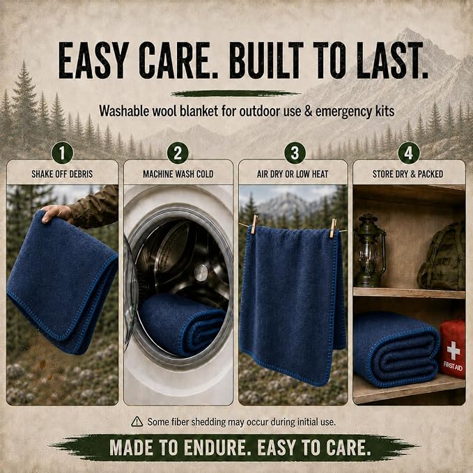 Wool Camping Blanket – 70% Wool Heavy-Duty Military Style Throw, Warm & Washable, Fire Retardant Cover for Emergency, Survival & Outdoor Use – Perfect for Camping, Car, Home & Hiking, Navy 62x84