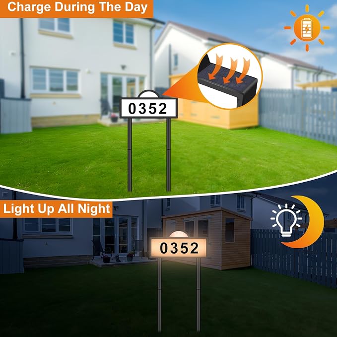 LED Solar Address Sign, Address Numbers for Yard with 2 Colors, Warm White & Cool White, IP 65 Waterproof House Numbers Sign for Outside, Wall Mounted/In Ground Solar House Number kit
