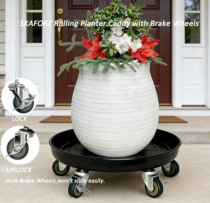Rolling Planter Caddy(570lbs Capacity), Heavy Duty Metal Plant Stand with Brake Wheels Plant Dolly Mover Plant Pot Tray Saucer for Indoor Outdoor 20 Inches Black