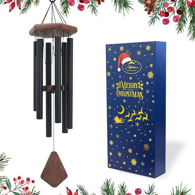 Wind Chimes for Outside, Black Aluminum Wind Chime with Wind Catcher, Garden & Patio Outdoor Decor, Deep Tone Tuned Windchimes, for Men and Women, Box Included