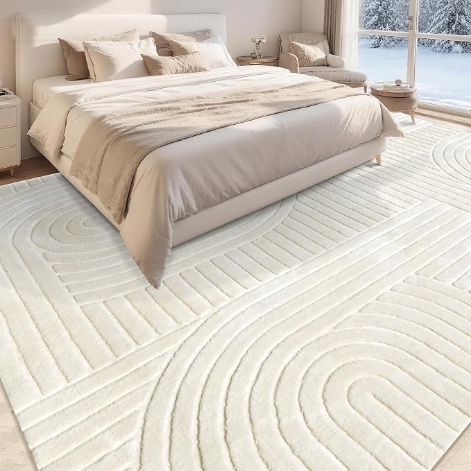 Beige Solid Area Rug 8x10, Washable Rugs for Living Room Bedroom | Modern Neutral Boho Geometric High-Low Pile Carpet, Soft, Fluffy Non-Slip Rugs for Nursery, Kids Room, Apartment, Home Office