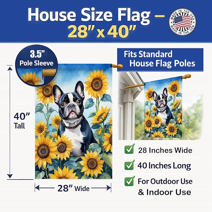Caroline's Treasures DAC6082CHF French Bulldog in Sunflowers House Flag Large Porch Sleeve Pole Decorative Outside Yard Banner Artwork Wall Hanging, Polyester, House Size, Multicolor