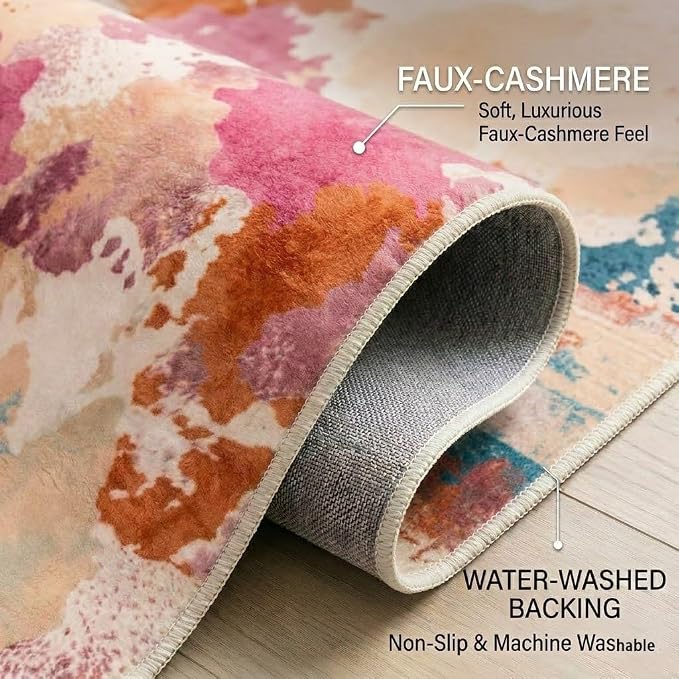 5x7 Green and Pink Modern Abstract Wavy Stripe Area Rug | Washable non-slip low-pile faux cashmere rug; ideal for living room, bedroom, nursery, and home office.
