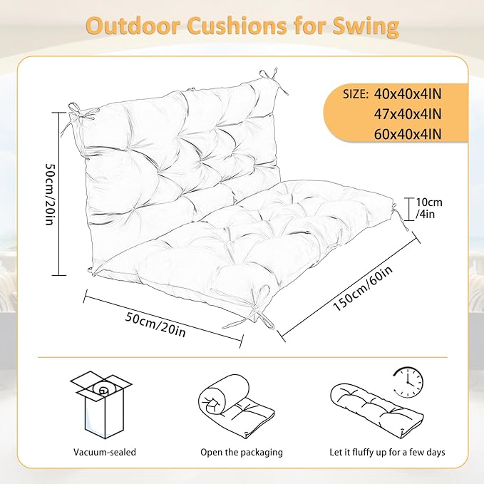 Swing Replacement Cushions for Outdoor: 2-3 Seater Waterproof Porch Bench Cushion with Backrest and Ties - 4" Thick Swing Cushion for Garden Patio Backyard Loveseat