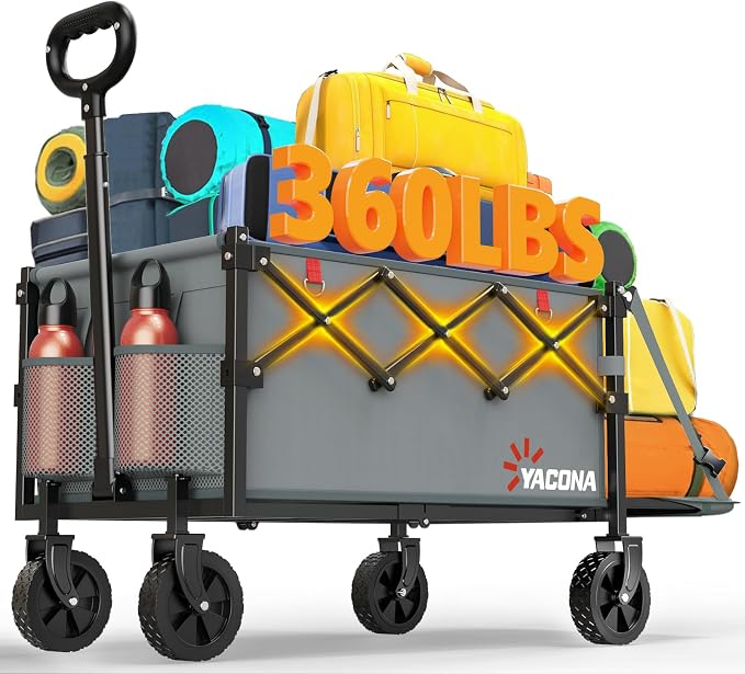 Yozoia 360LBS Heavy-Duty Foldable Wagon Cart with Wheels and Tailgate, 120L Collapsible Utility Wagon for Groceries, Outdoor Camping, Shopping, Beach, Garden
