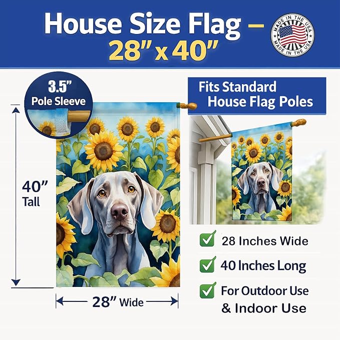 Caroline's Treasures DAC6170CHF Weimaraner in Sunflowers House Flag Large Porch Sleeve Pole Decorative Outside Yard Banner Artwork Wall Hanging, Polyester, House Size, Multicolor