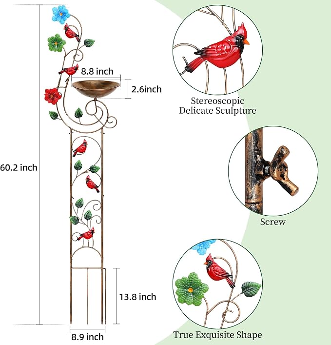 YADOOLIFE 57” Bird Bath with Garden Trellis for Climbing Plants Outdoor, Small Decorative Trellises Metal Birdbath Bird Baths, 1 Piece (Redbird)
