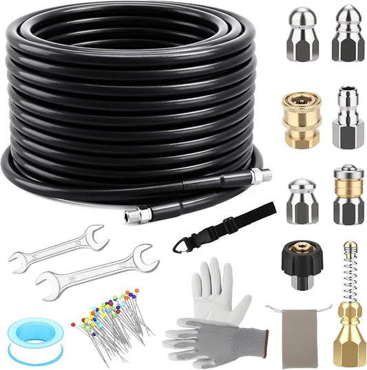 Sewer Jetter Kit for Pressure Washer 100FT, 5800 PSI Power Washer Drain Jetter Cleaner Hose with 1/4 Inch NPT Corner Rotating Nozzle and 4 Different Button Hose Sewer Jet Nozzles Cleaning Sewage Pipes
