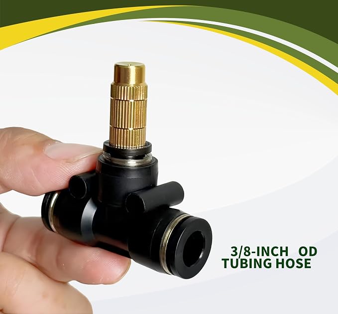 10 pk 3/8-inch OD Brass Misting Nozzles Tee Adjustable Copper Sprayer, Three Section Type,0.039"/1mm Orifice，Watering Plant Drip Irrigation Pneumatic Fittings Connection for Watering Garden