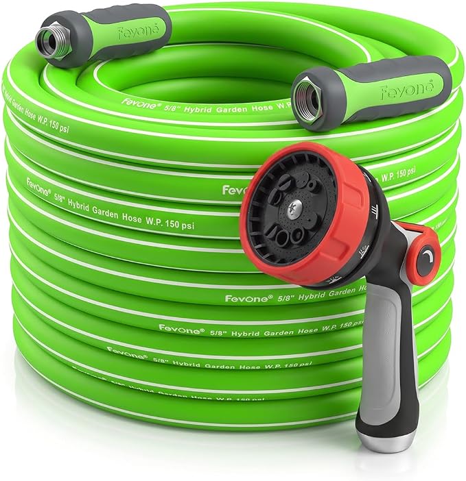 FEVONE Heavy Duty Garden Hose 75 ft, Spray Nozzle Included | Flexible Water Hose, Leak-Free, Lightweight Hybrid Polymer, 5/8 ID, 600 PSI, 3/4 GHT Aluminum Fittings with Swivel Handles