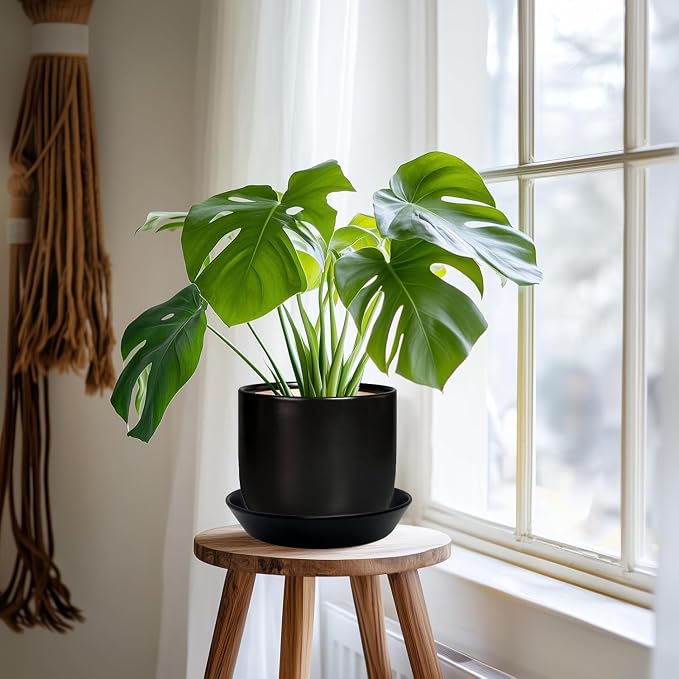 Ceramic Plant Saucer Tray 4 Pcs 4 5 Inch Black, 5" OD x4.25 ID x1.18 Deep| Round Sturdy Heavy Duty Glazed Bevel Planter Drip Flower pots with Catch Basin for Indoor Outdoor Plants