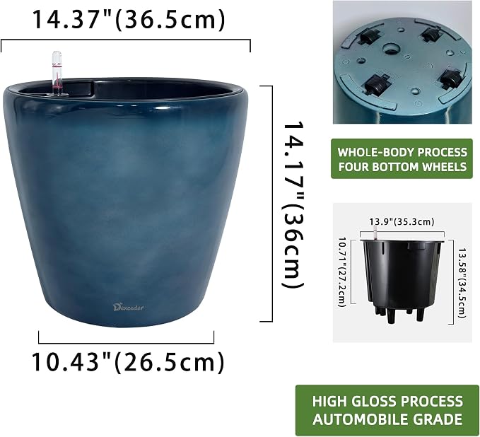 Dexceder 15x14 Self Watering Planter with Wheels (Grayish Green Gradient) | Inner Pot Design, Thickened Large Floor Standing Flower Plant Pot with Water Level Indicator Indoor Outdoor