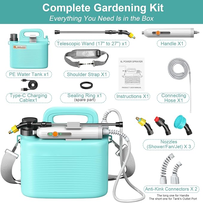 Battery Powered Garden Sprayer 1.8 Gallon, Lightweight Electric Weed Sprayer with Telescopic Wand & Adjustable Nozzles, Portable Yard Sprayer for Plant Watering, Lawn Care, Fertilizing,Gardening