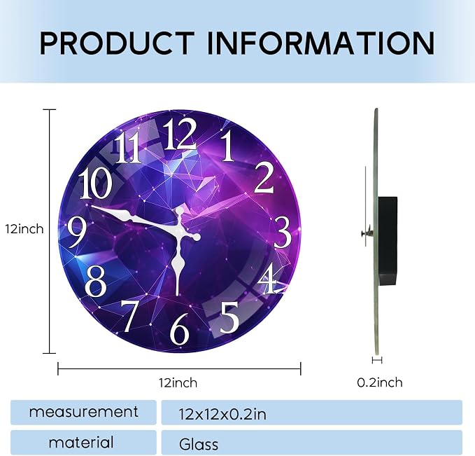 Britimes Round Purple Wall Clock Silent Non-Ticking Battery Operated Glass Decorative Outdoor Waterproof Clock 12 Inch, Galaxy Home Decor for Living Room, Kitchen, Bathroom and Bedroom