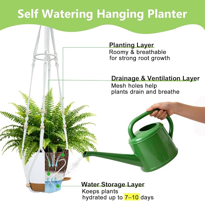 Hanging Planters for Indoor Plants: 2 Pack Macrame Plant Hangers with Grow Lights and Self-Watering Pots, Large Hanging Pots with Drainage Holes & Removable Tray（8in White Pot, Daylight Spectrum）