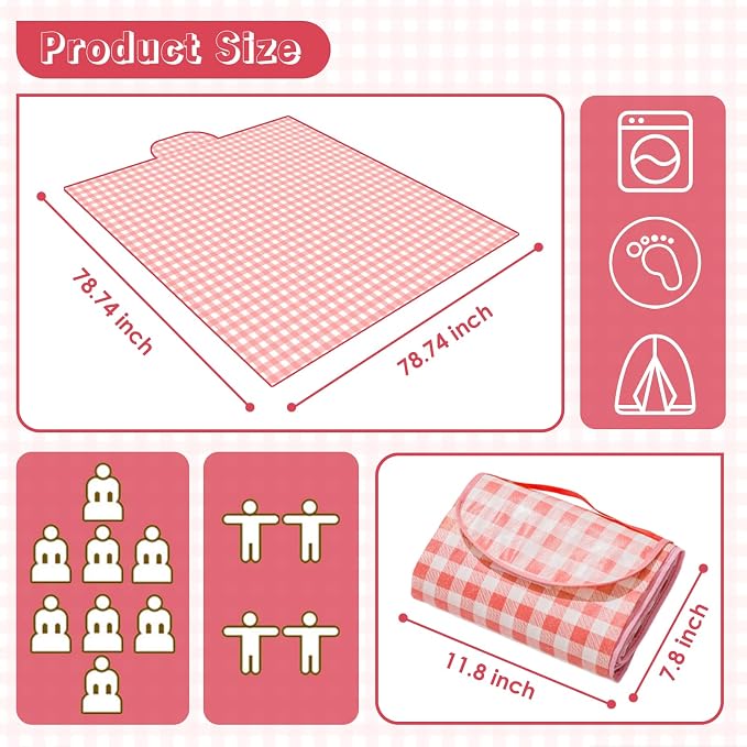 Portable Picnic Blanket, Waterproof Sandproof Foldable Outdoor Mat with Handle for Beach, Camping, Hiking, Travel, and Family Concerts, Red