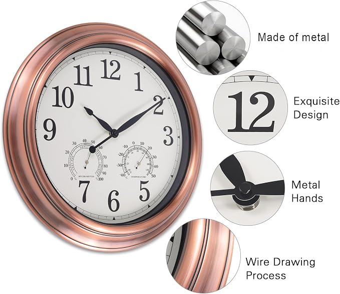 16 Inch Outdoor Clock Thermometer Combo, Red Bronze Metal-Frame Waterproof Wall Clock