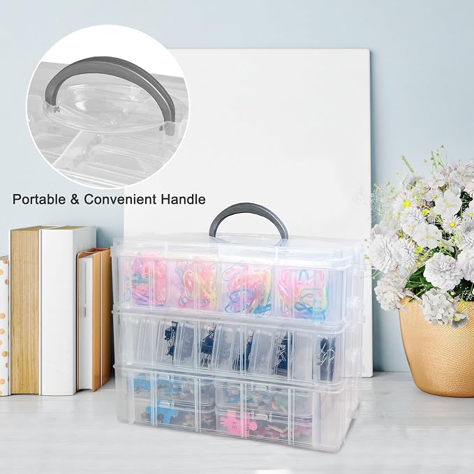 59 PCS Stackable Bead Organizer Box with Removable Cases, Labels & Handle | Clear Plastic Storage for Beads, Jewelry, Diamond Painting, Screws, Crafts, and Small Parts With Hinged lids