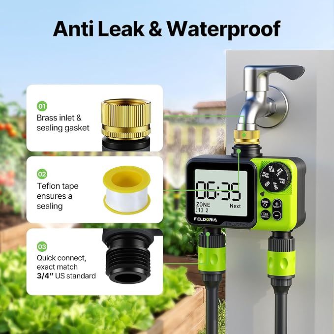 Sprinkler Timer, Programmable Brass Inlet Watering Timer for Garden Hose, Fit 3/4” US Faucet, Outdoor Soaker Auto Manual Hose Timer with Rain Delay, Drip Irrigation for Lawn Yard, 2 Outlets
