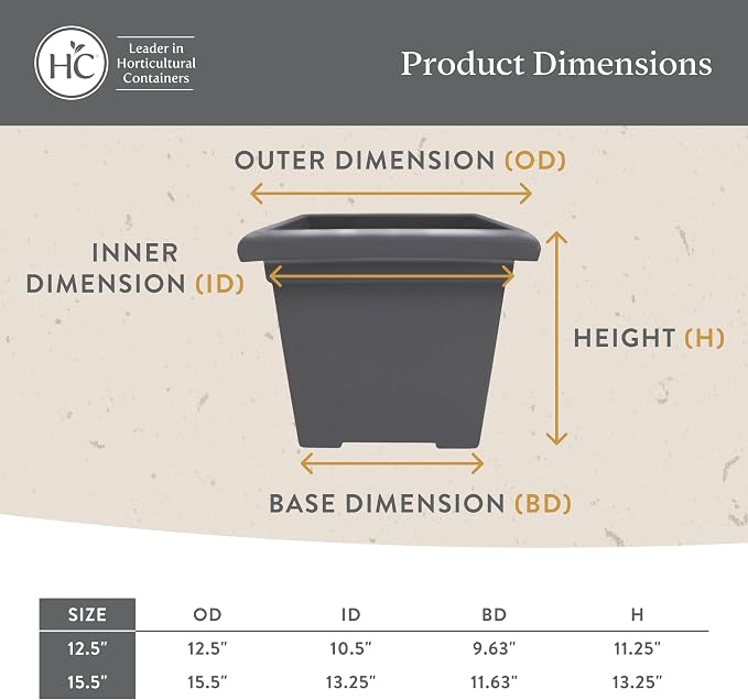 The HC Companies 15.5 Inch Accent Square Plant Pots with Drainage, Lightweight UV-Resistant Plastic Planters for Indoor & Outdoor Plants, 2-Pack Flower Pots for Garden, Office & Home Decor, Clay