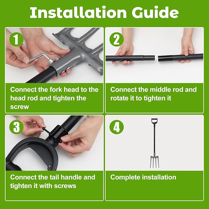 Pitch Fork, Metal Broadfork Garden Tool Long Handle, 4 Tine Mulch Hay Manure Digging Bedding Hay Potato Garden Fork Shovel for Gardening Loosening Soil Compost