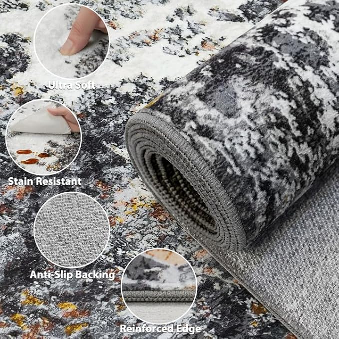 Tosuoka 9x12 Area Rugs for Living Room Abstract Washable Gray Multi Rug | With Anti-Slip Backing，Non-Shedding，Stain-Resistant，Soft Modern Large Carpet for Bedroom Dining Room Farmhouse Nursery
