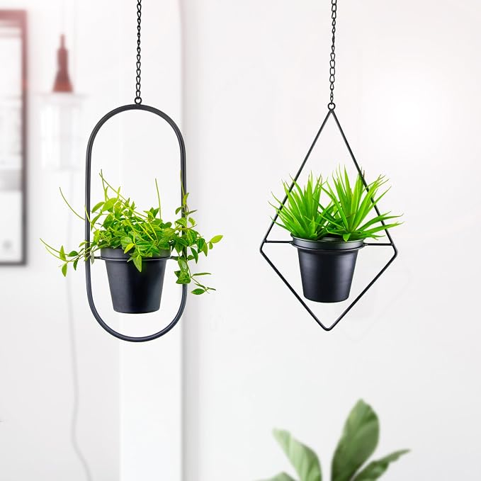 Modern Metal Hanging Planters Set of 2 - Geometric Diamond and Oval Plant Hangers with 5 inch Pots - Black Wall or Ceiling Mount Flower Holders for Indoor and Covered Outdoor Décor