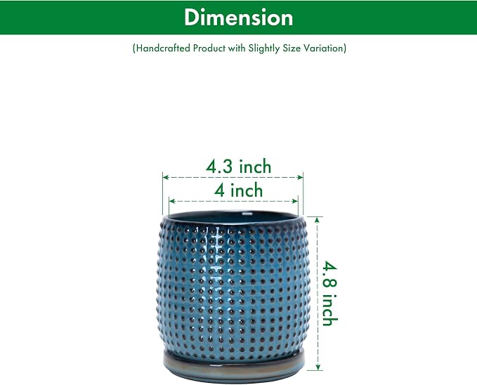 D'vine Dev 4 Inch Ceramic Beaded Stoneware Planter Pot - Flower Pot with Drainage Holes and Saucers for Indoor Succulent Plants or Flowers, Ocean Teal, 27-C-Z-8
