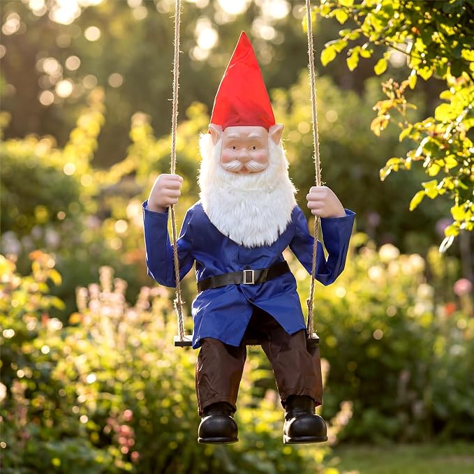 LarpGears Outdoor Spring Gnome Decor with Swing - Waterproof Yard and Garden Decorations, Realistic Hanging Gnome for Patio, Tree, or Yard