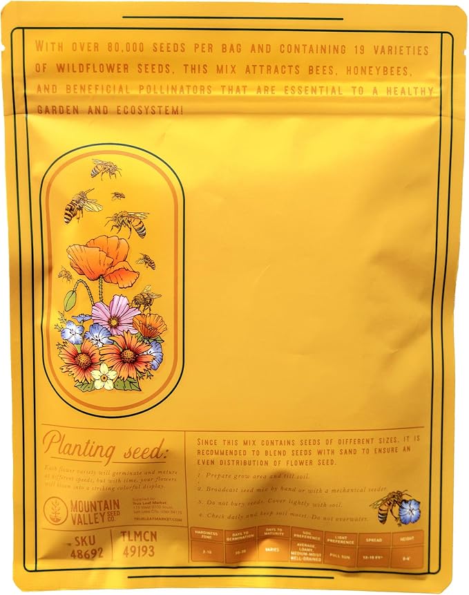 Mountain Valley Seed Co Wildflower Seed 2 Oz. 80,000+ Seeds – Save the Bees | Mix with 19 Non-GMO Varieties – Bee Friendly & Pollinator Wildflower Seed for Planting