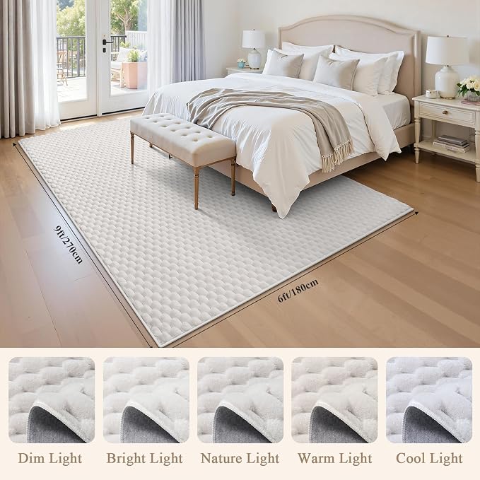 6x9 Area Rug for Living Room, White Washable 3D Bubble Bedroom Rug | Non Slip High Low Pile Hexagon Floor Mat for Dorm, Modern Soft Fluffy Carpet for Dining Room, Office and Nursery