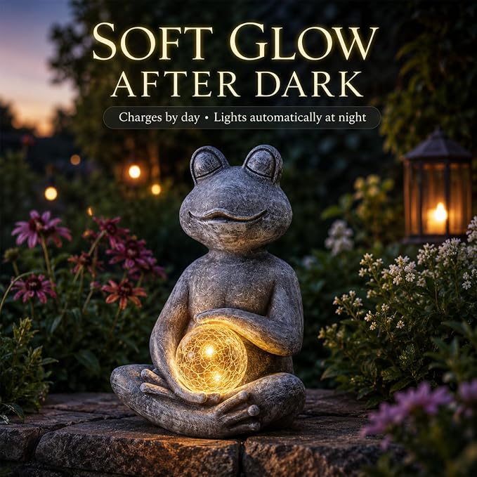 Solar Meditating Yoga Frog Statue 6.8L x 9.65H | Zen Garden Figurines for Home and Garden Decor, Frog Decorations Gift Ideas, Gifts for Women Mom