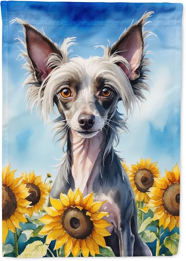 Caroline's Treasures DAC6053CHF Chinese Crested in Sunflowers House Flag Large Porch Sleeve Pole Decorative Outside Yard Banner Artwork Wall Hanging, Polyester, House Size, Multicolor